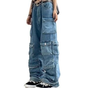 Impulsive Loose wide-leg women's streetwear multiple-pockets‎ cargo jeans, XXL
